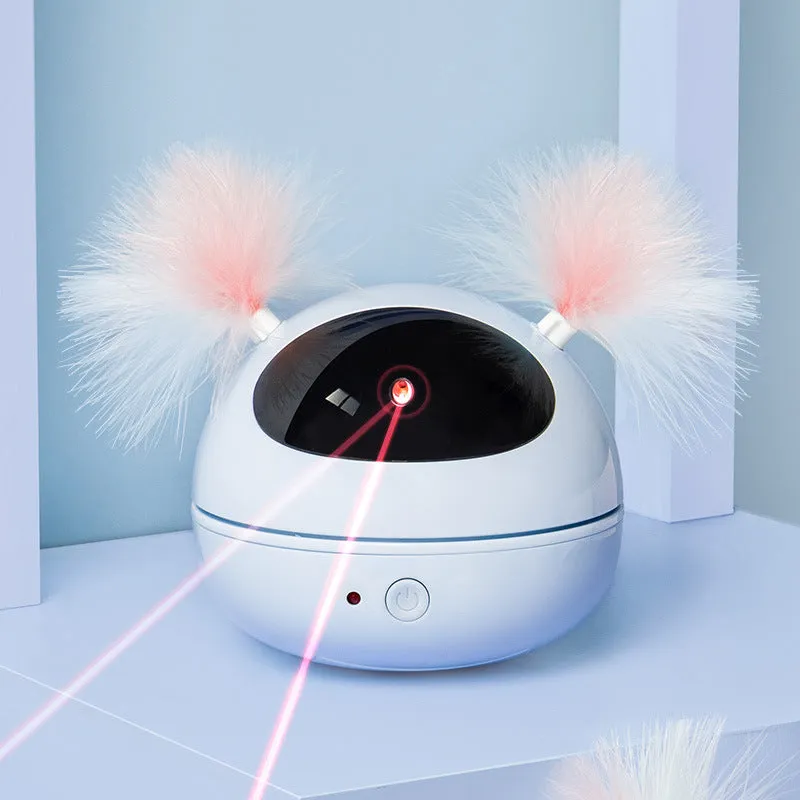 Automatic electric cat toy with ABS construction in white, showing laser teaser and robot bag design