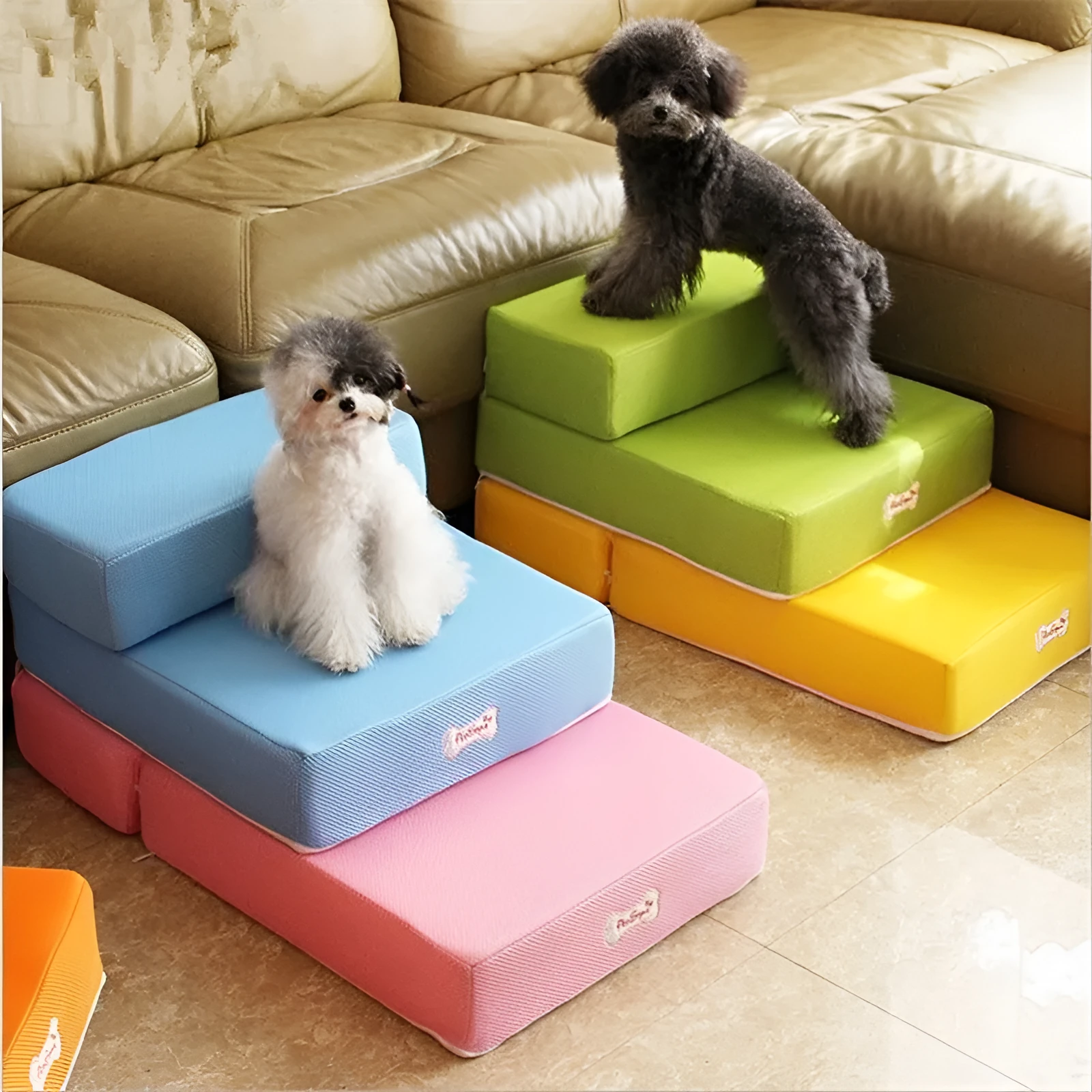 Black sponge foam pet stairs 67cm long for small dogs and cats on a light floor