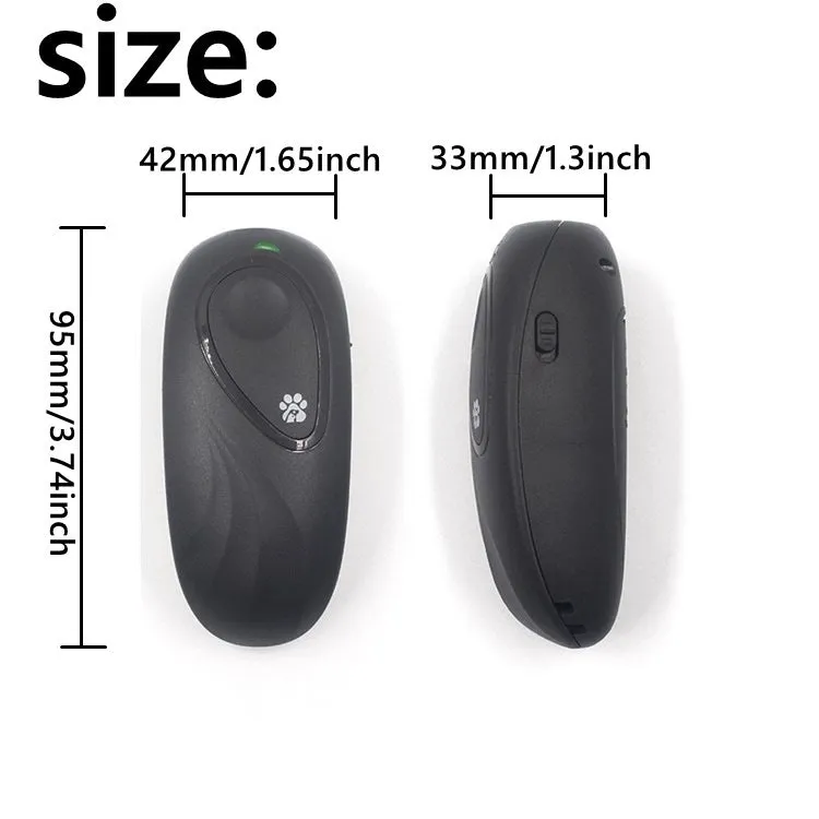 Handheld ultrasonic dog repeller in black, ABS material, with transmit button and frequency dial
