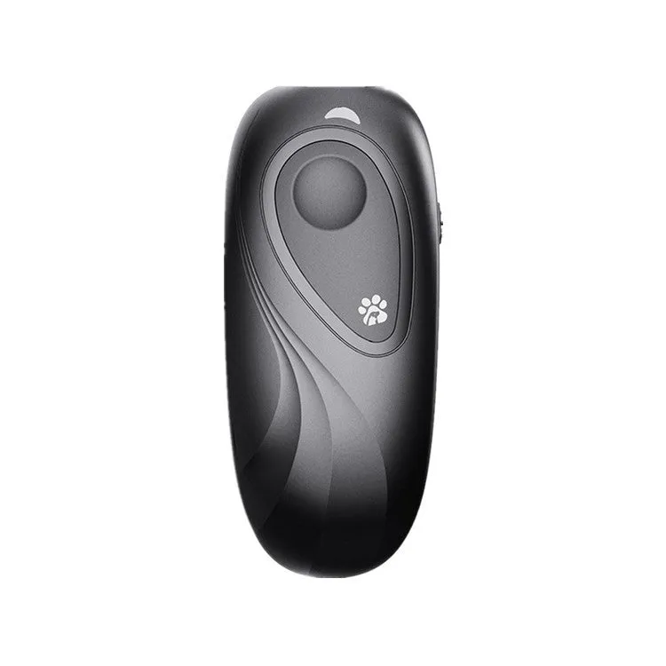 Handheld ultrasonic dog repeller in black, ABS material, with transmit button and frequency dial