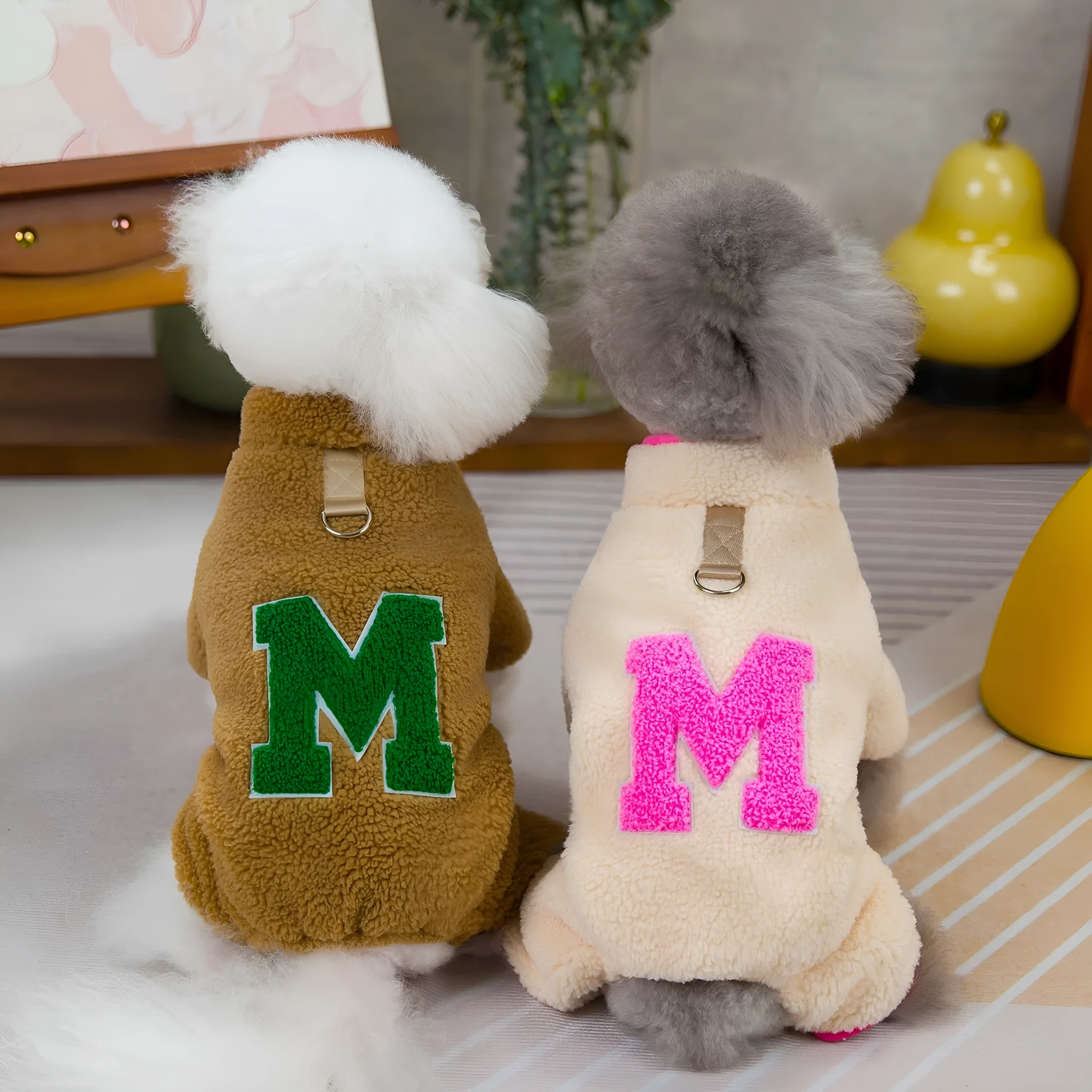 Four legs fluffy jacket pet clothing in beige colour on a small dog, polyester fabric, casual style.
