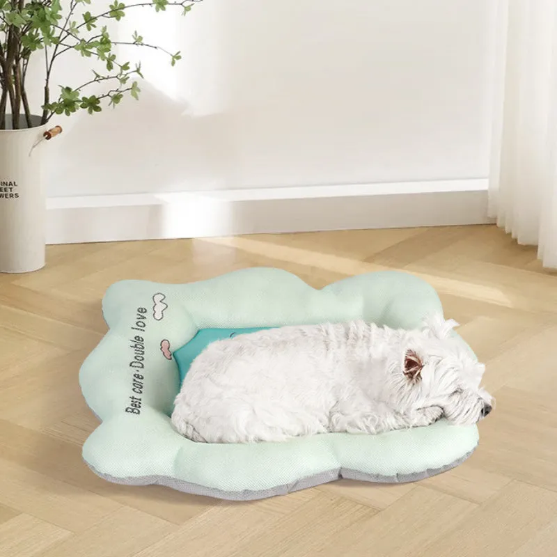 Green and pink ice silk pet cooling mat shown in four sizes for small to medium dogs and cats.