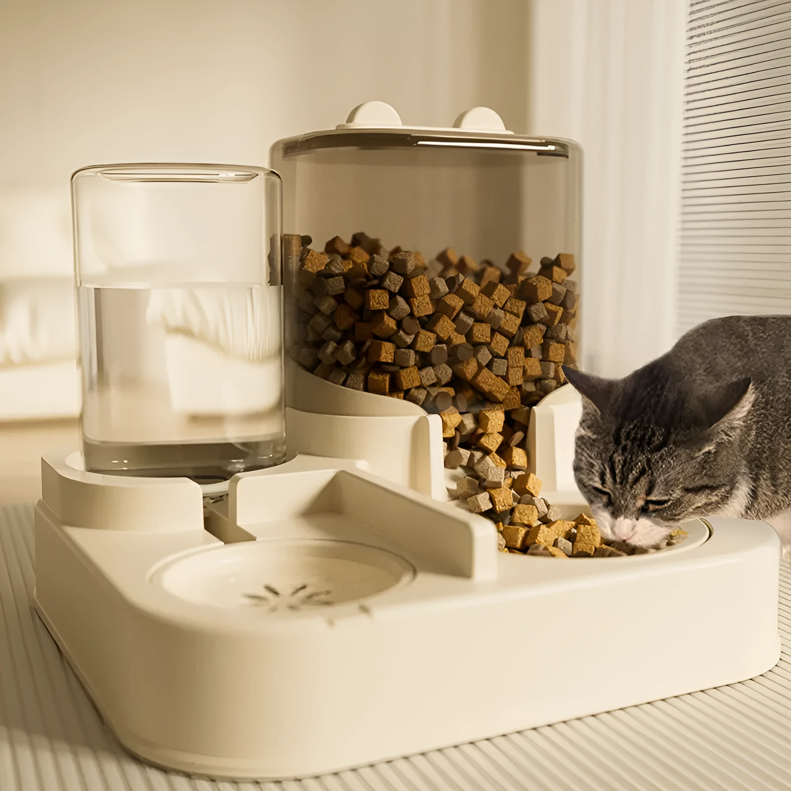 White plastic cat feeder with 4000ml capacity on a floor