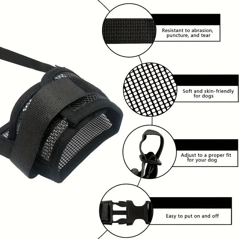 Black polyester dog muzzle anti-bite anti-bark with adjustable straps in five sizes L M S XL XXL
