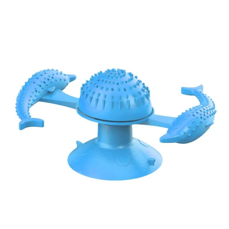 Blue rubber windmill cat toy on floor showing spinning mechanism and 15 cm size