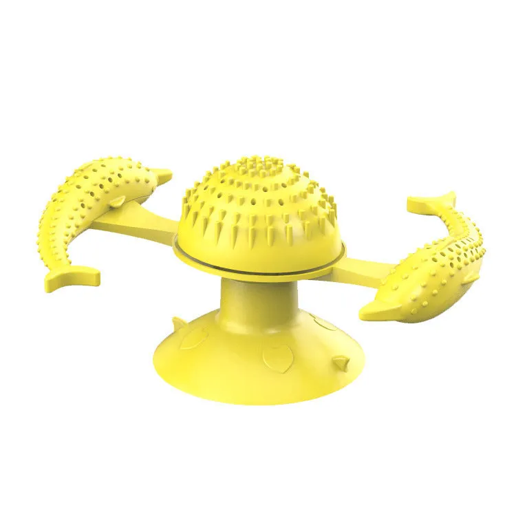 Blue rubber windmill cat toy on floor showing spinning mechanism and 15 cm size