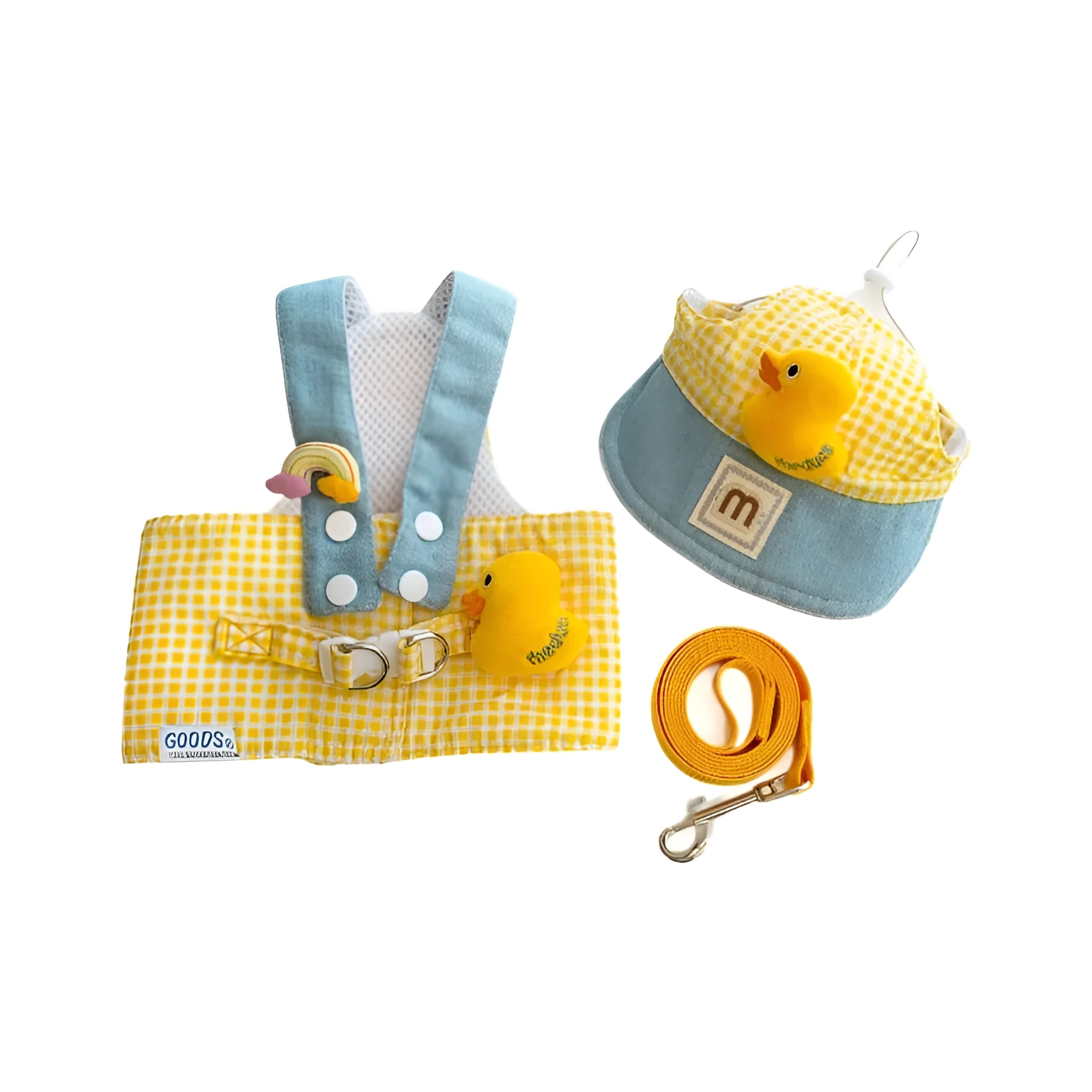 Three-piece pet set showing dog harness with leash, wire rope pulling toy and cat wearing matching clothes with hat