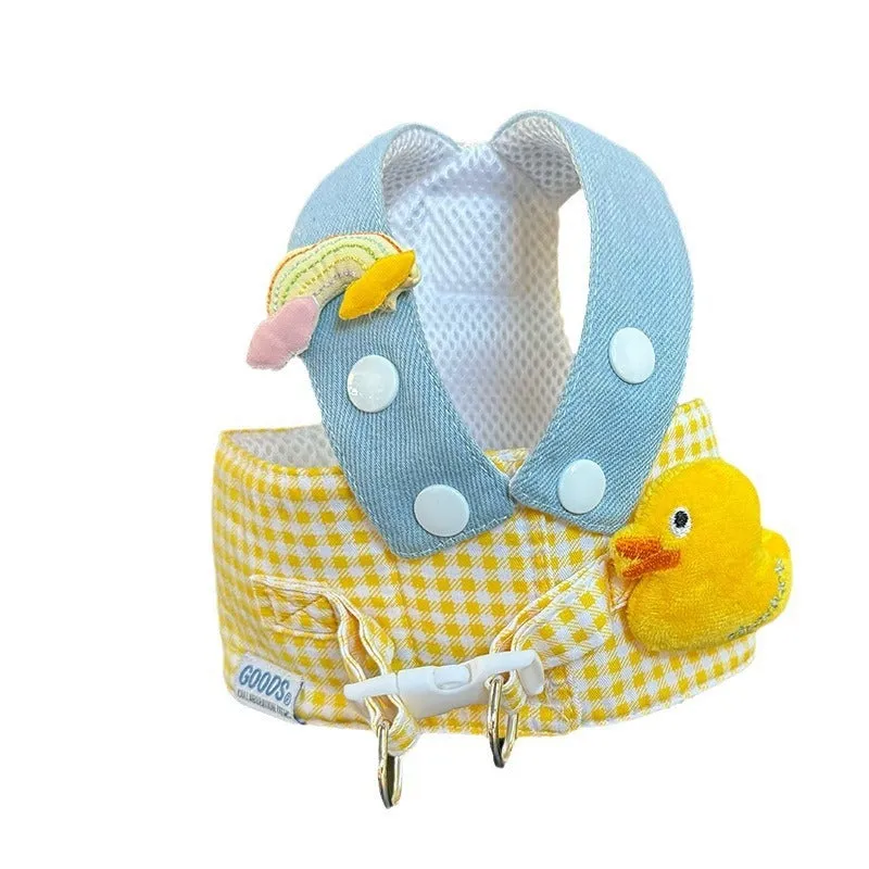 Three-piece pet set showing dog harness with leash, wire rope pulling toy and cat wearing matching clothes with hat