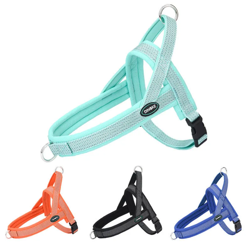 Reflective black dog chest strap with hand-holding rope on a white background
