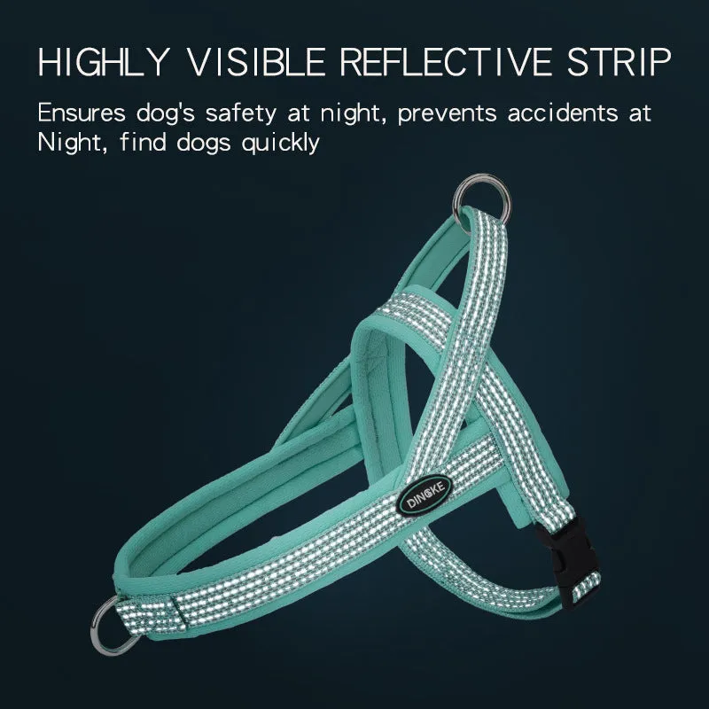 Reflective black dog chest strap with hand-holding rope on a white background