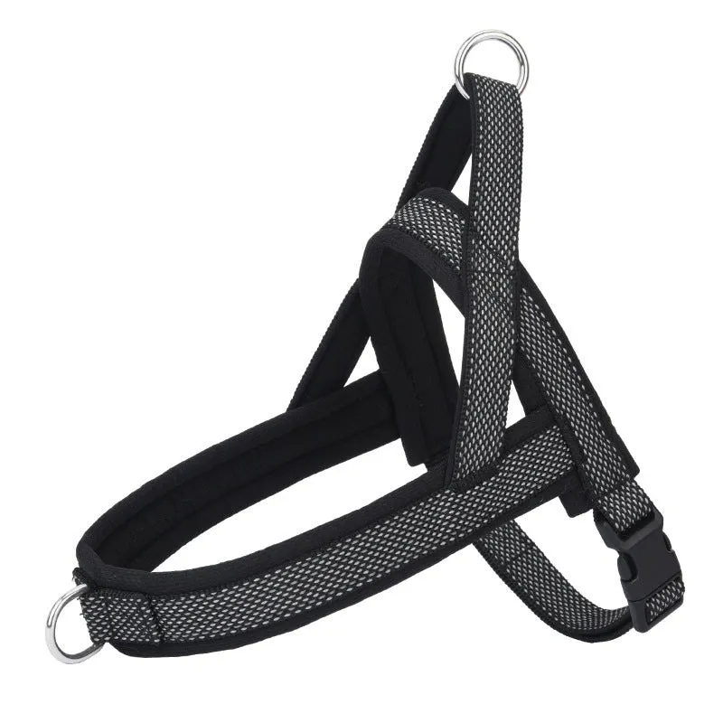 Reflective black dog chest strap with hand-holding rope on a white background