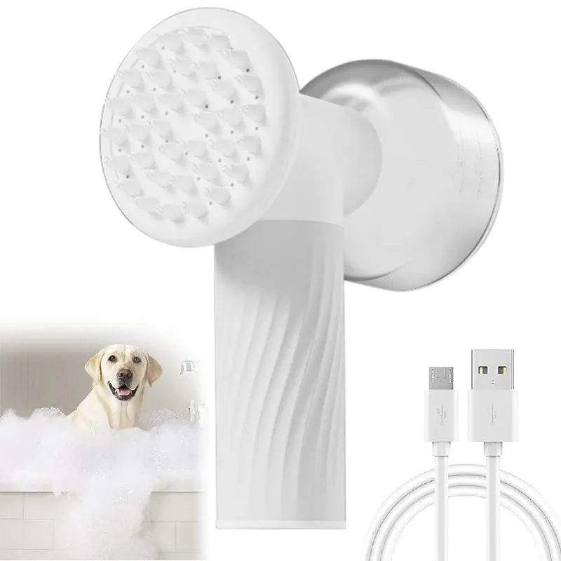 Automatic foaming dog cat bath brush with soap dispenser and silicone bristles, handheld and wireless, for pet grooming