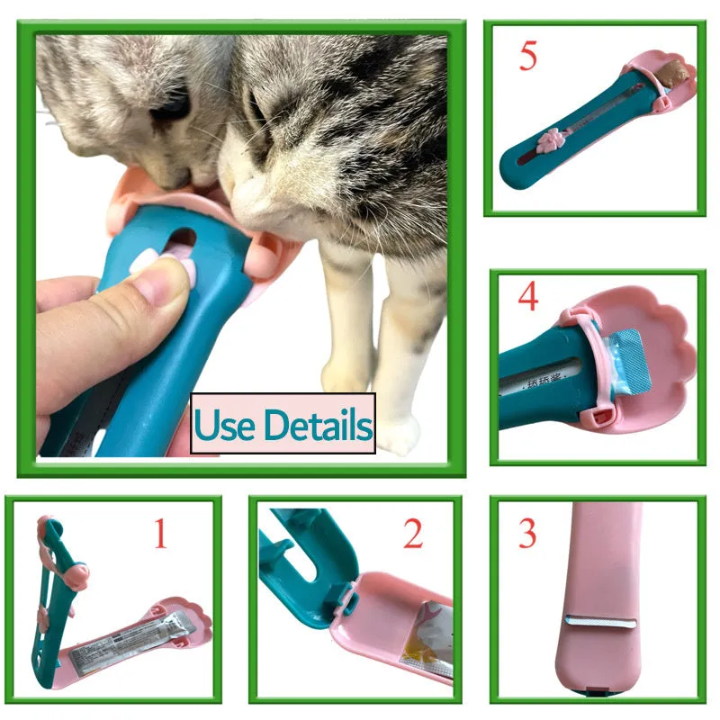 Green and pink pet food dispenser spoon with silicone squeezer tube for liquid cereal feeding