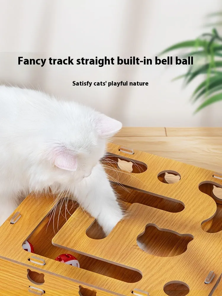 Large wooden cat teasing maze box with teasing stick and two bell balls for interactive play
