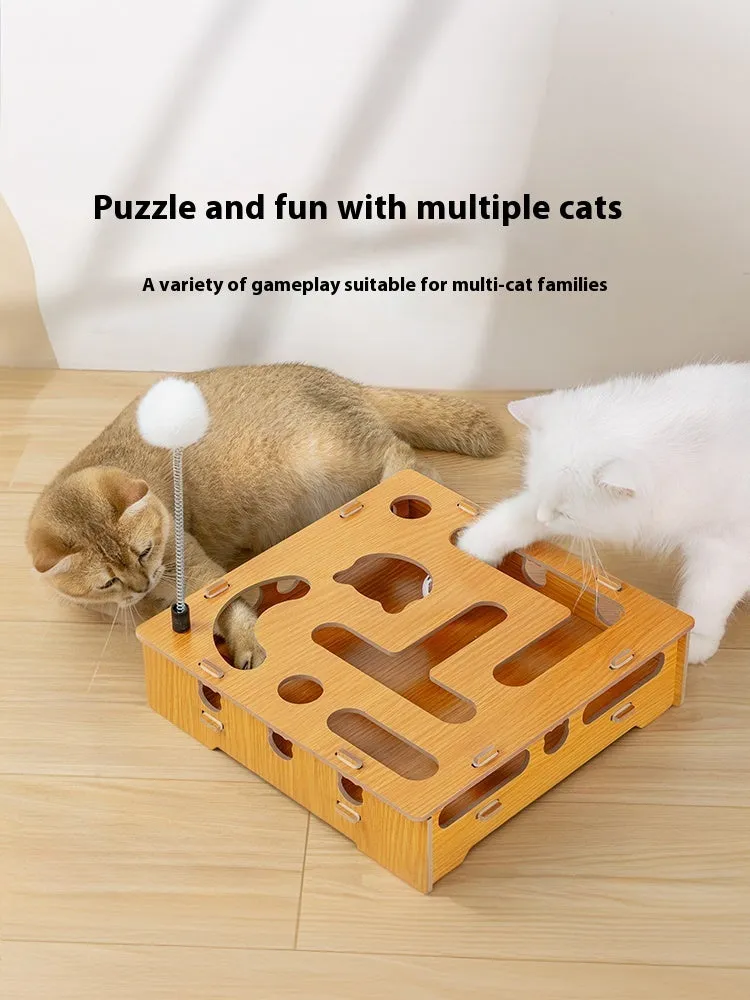Large wooden cat teasing maze box with teasing stick and two bell balls for interactive play