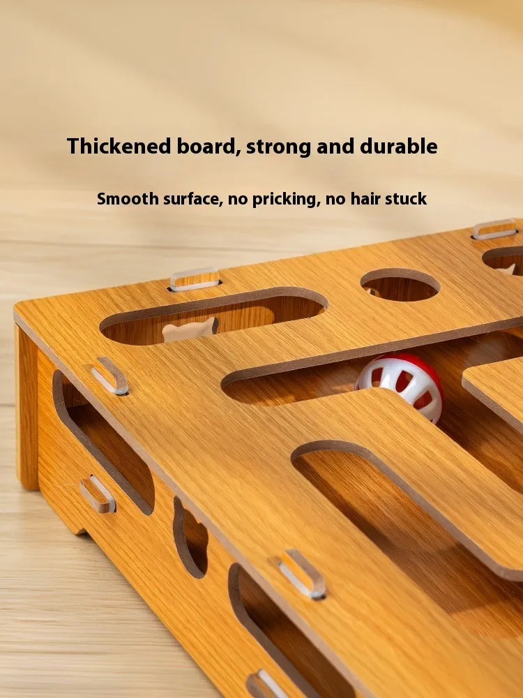Large wooden cat teasing maze box with teasing stick and two bell balls for interactive play