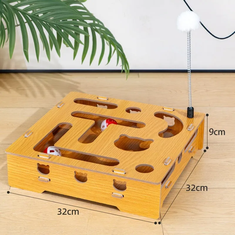 Large wooden cat teasing maze box with teasing stick and two bell balls for interactive play