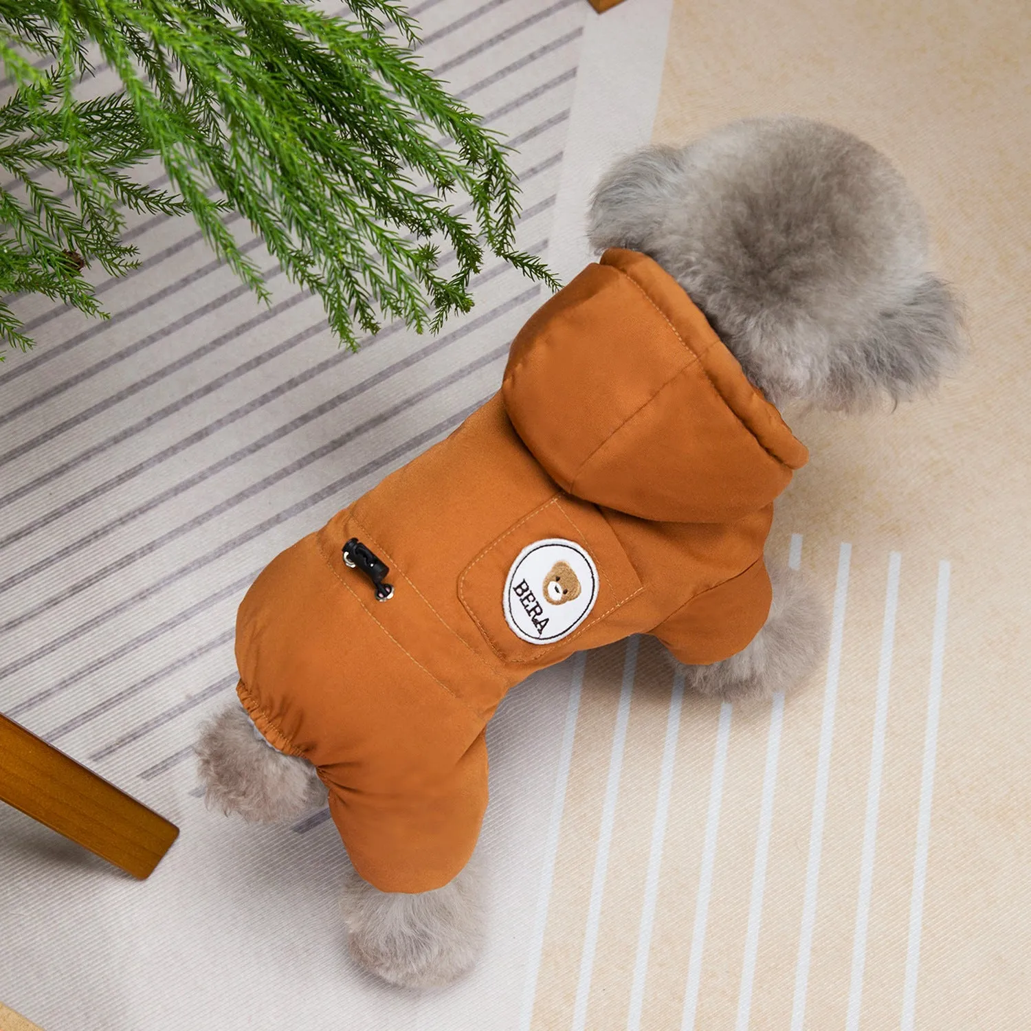 Dog in brown polyester casual autumn winter coat with casual fit