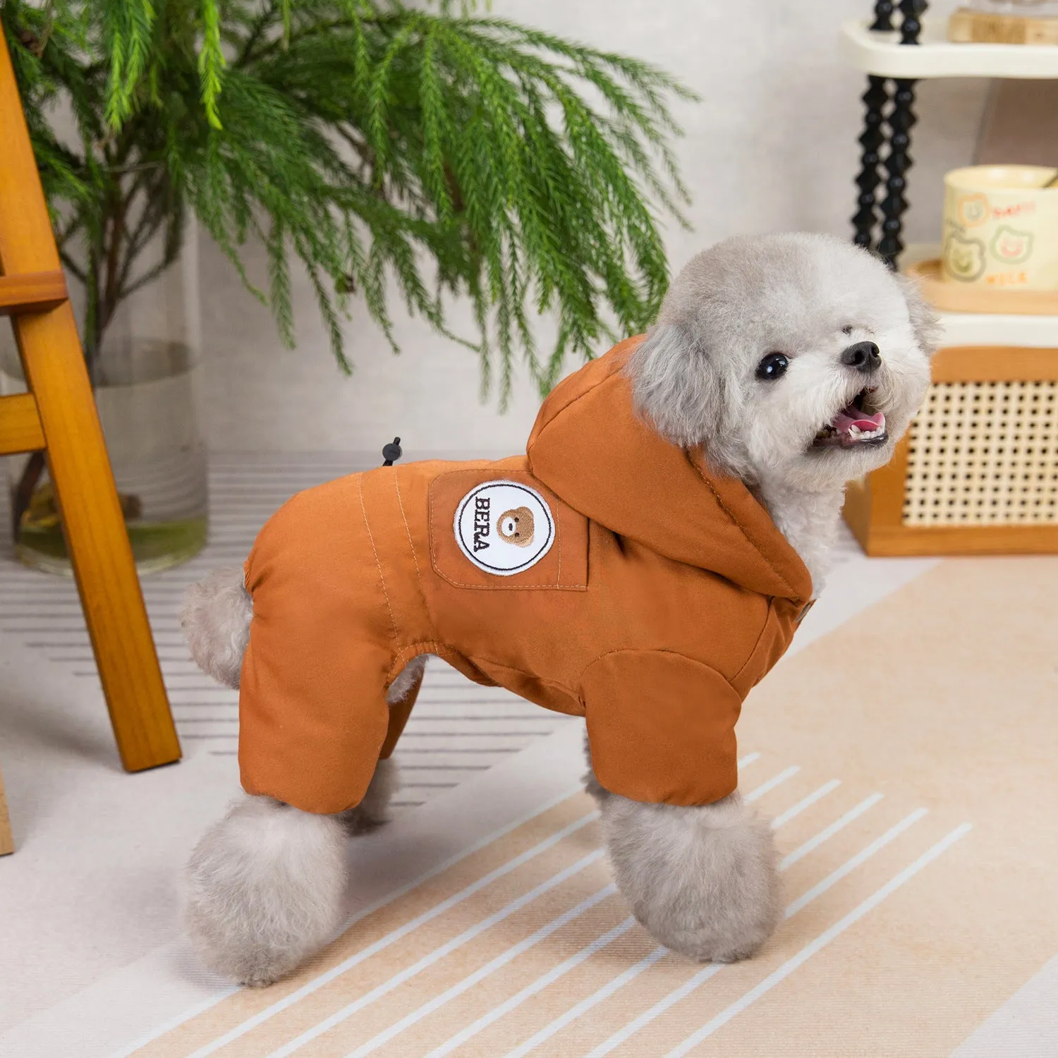 Dog in brown polyester casual autumn winter coat with casual fit