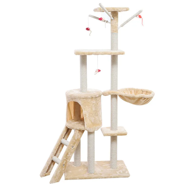 Beige 140cm cat climber with sisal scratching posts and wool-covered platforms