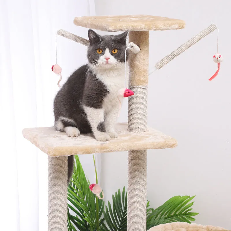 Beige 140cm cat climber with sisal scratching posts and wool-covered platforms