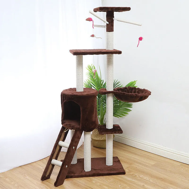 Beige 140cm cat climber with sisal scratching posts and wool-covered platforms
