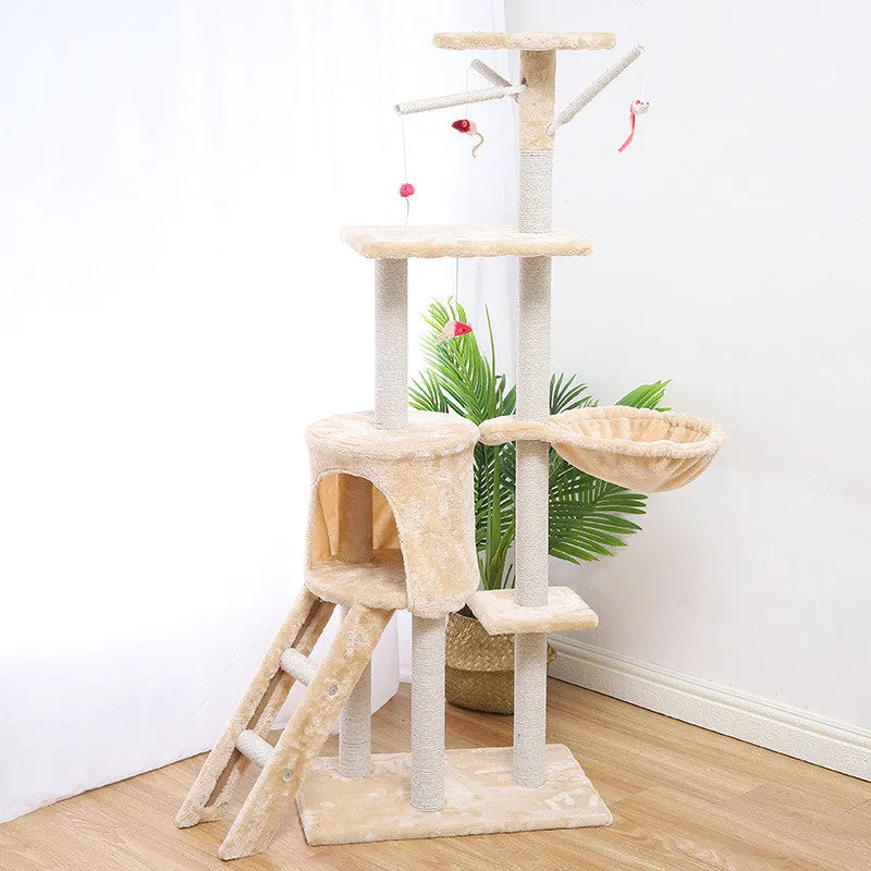 Beige 140cm cat climber with sisal scratching posts and wool-covered platforms