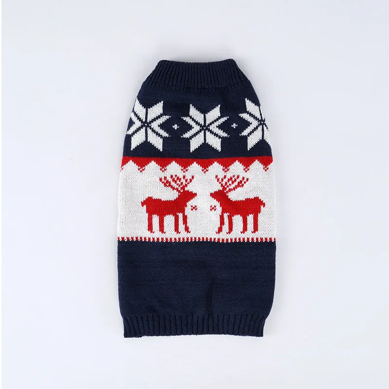 Navy blue knitted Christmas sweater for dogs showing European American styling on pet model