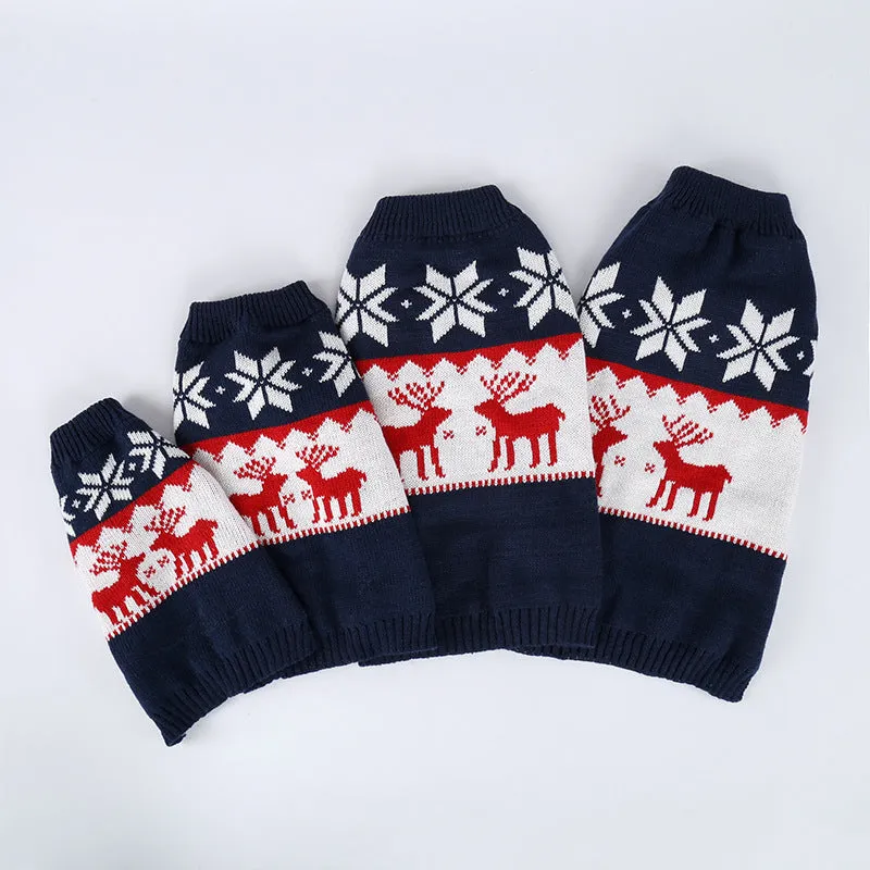 Navy blue knitted Christmas sweater for dogs showing European American styling on pet model