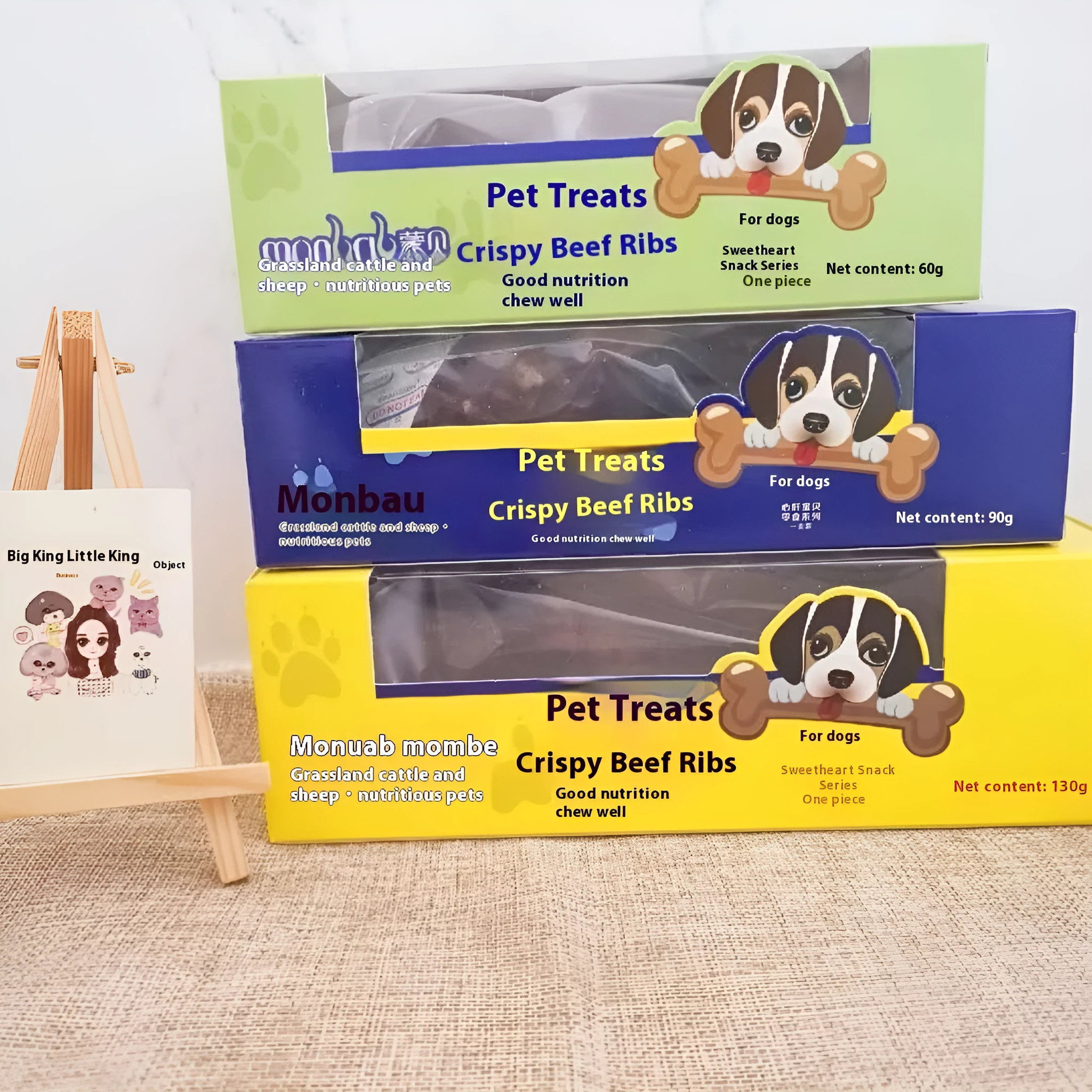 Natural beef marrow bone dog chew in three sizes small green medium blue large yellow for dental health