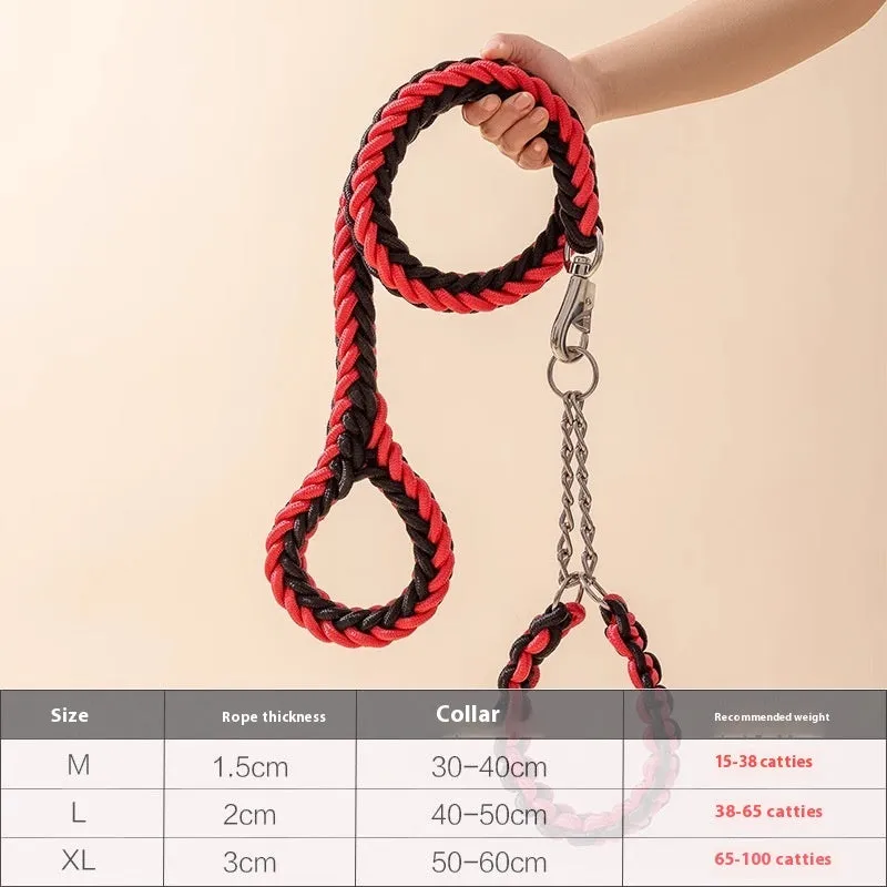 Nylon dog rope collar P chain set in black 1.2m length on surface with traction rope