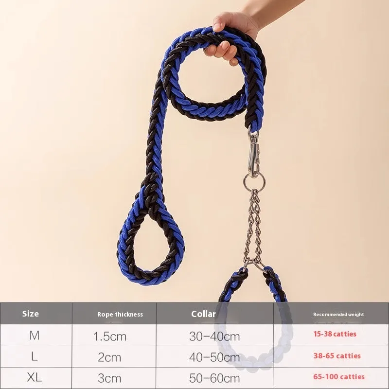 Nylon dog rope collar P chain set in black 1.2m length on surface with traction rope