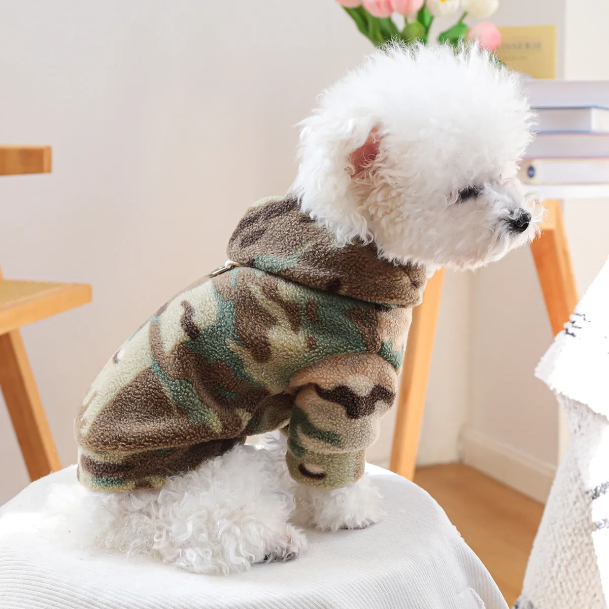 Camouflage polyester dog sweater on display, available in sizes XS to XL for dogs up to 9kg