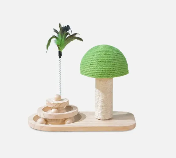Solid wood cat scratch post with mushroom turntable in green, ball track and double sisal balls, 1kg