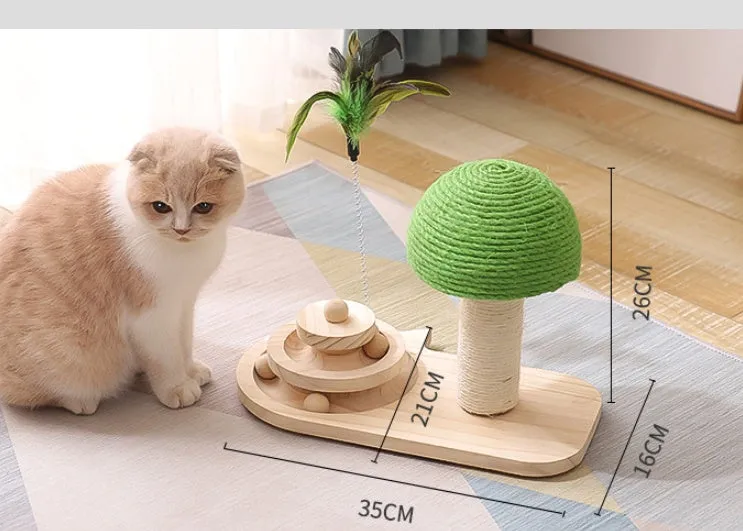 Solid wood cat scratch post with mushroom turntable in green, ball track and double sisal balls, 1kg