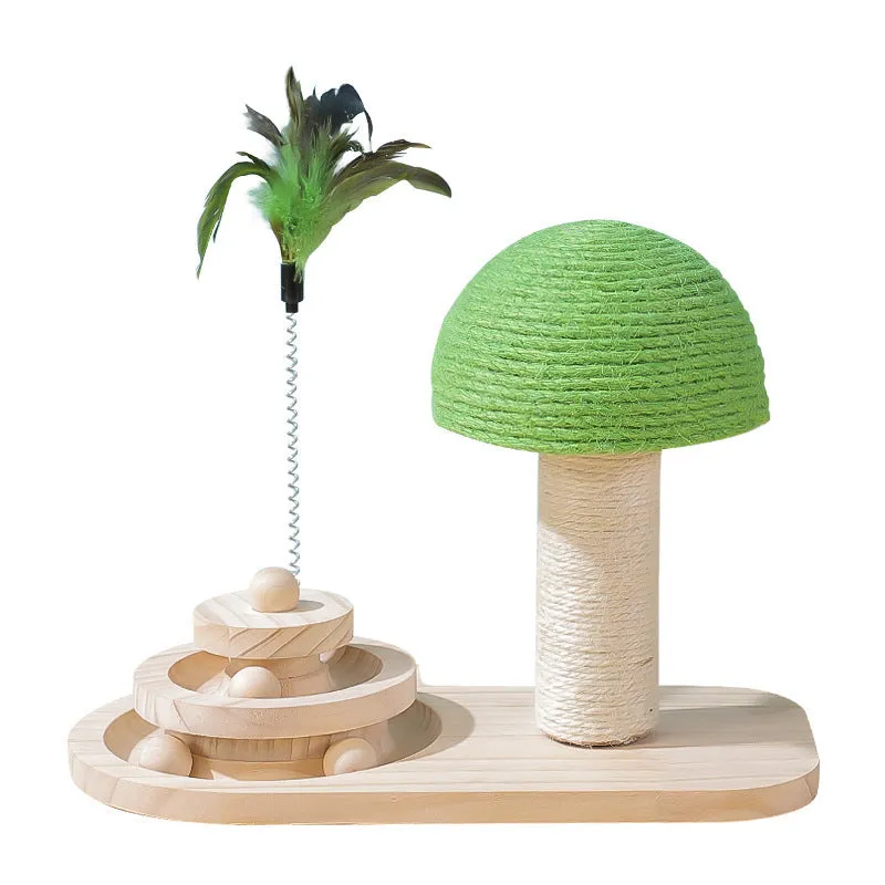 Solid wood cat scratch post with mushroom turntable in green, ball track and double sisal balls, 1kg