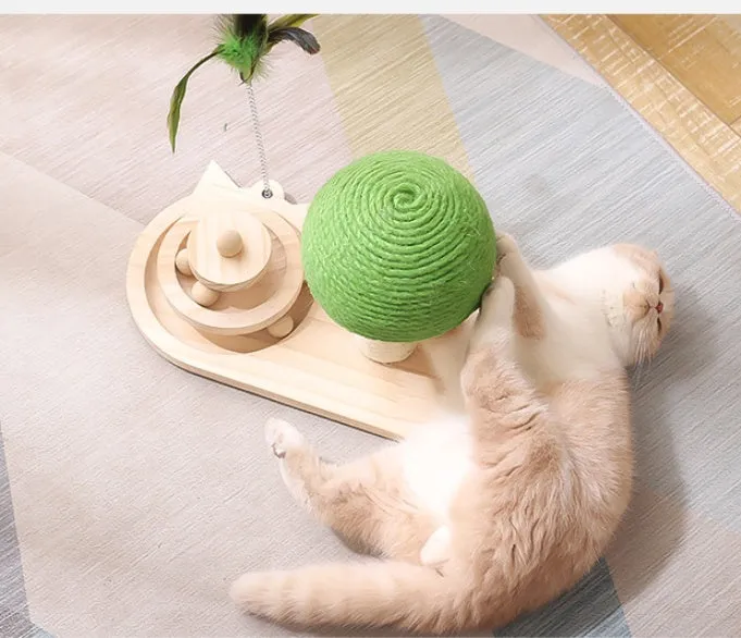 Solid wood cat scratch post with mushroom turntable in green, ball track and double sisal balls, 1kg