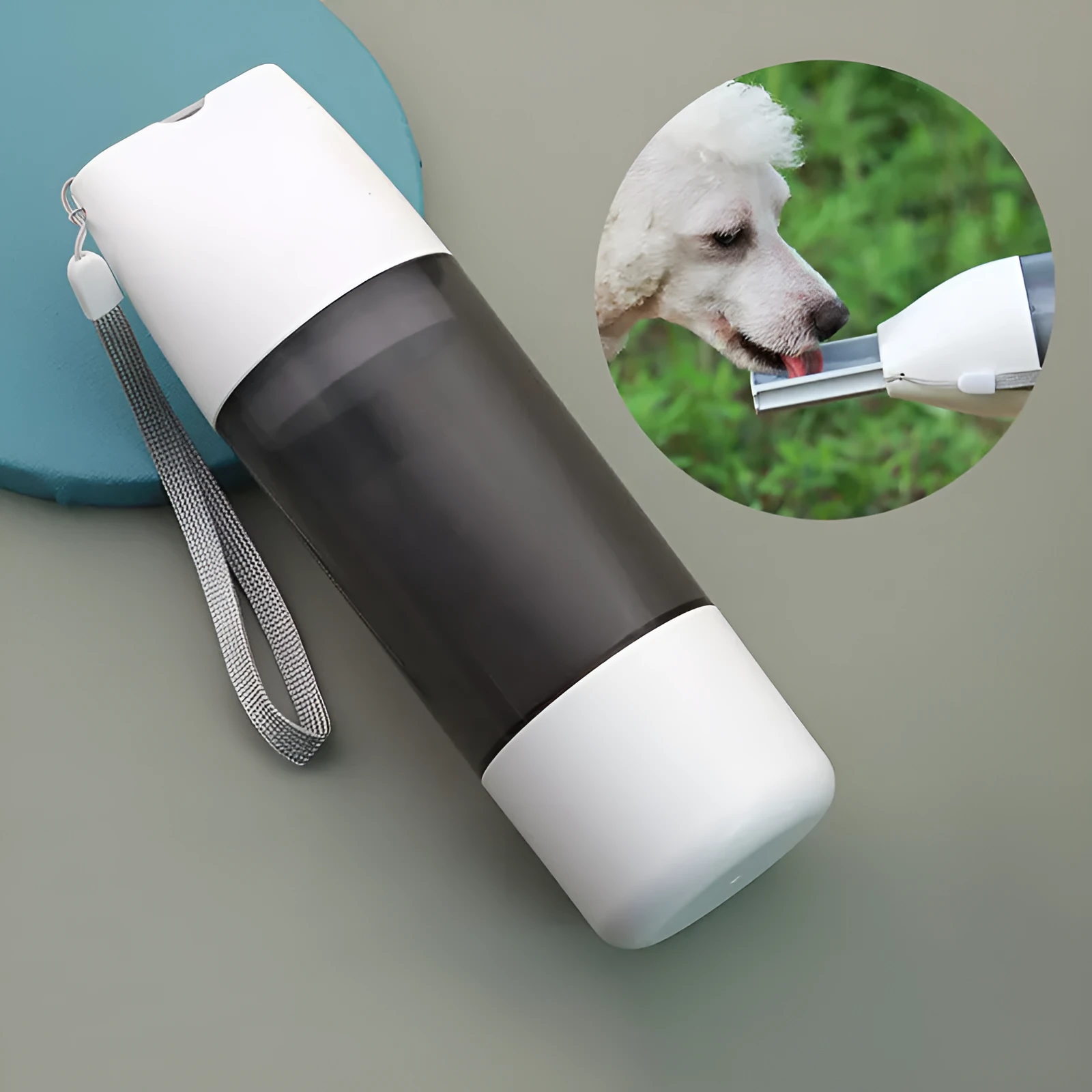 Portable dog water bottle with white food-grade ABS body and separate water and grain compartments