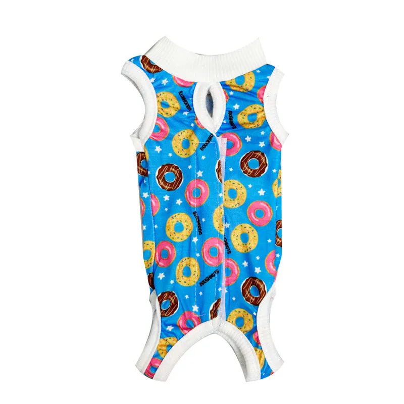 Breathable cotton cat sterilization suit for female recovery, leopard print pattern, side view on cat