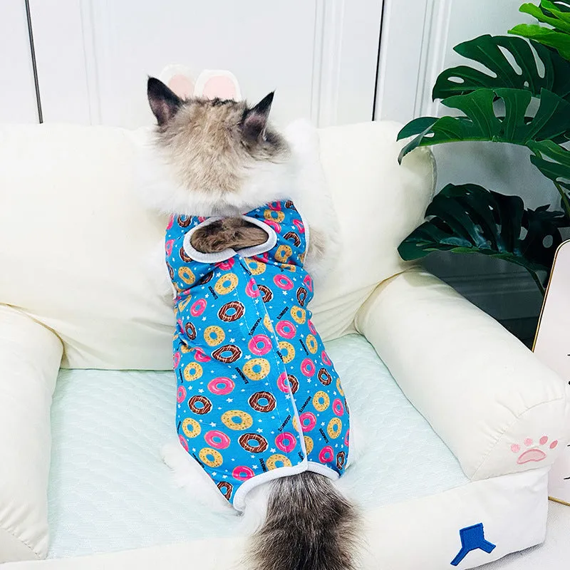 Breathable cotton cat sterilization suit for female recovery, leopard print pattern, side view on cat