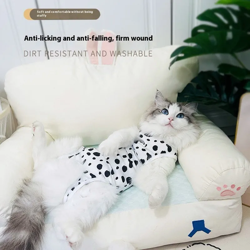 Breathable cotton cat sterilization suit for female recovery, leopard print pattern, side view on cat