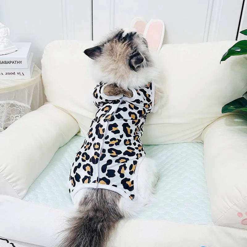 Breathable cotton cat sterilization suit for female recovery, leopard print pattern, side view on cat