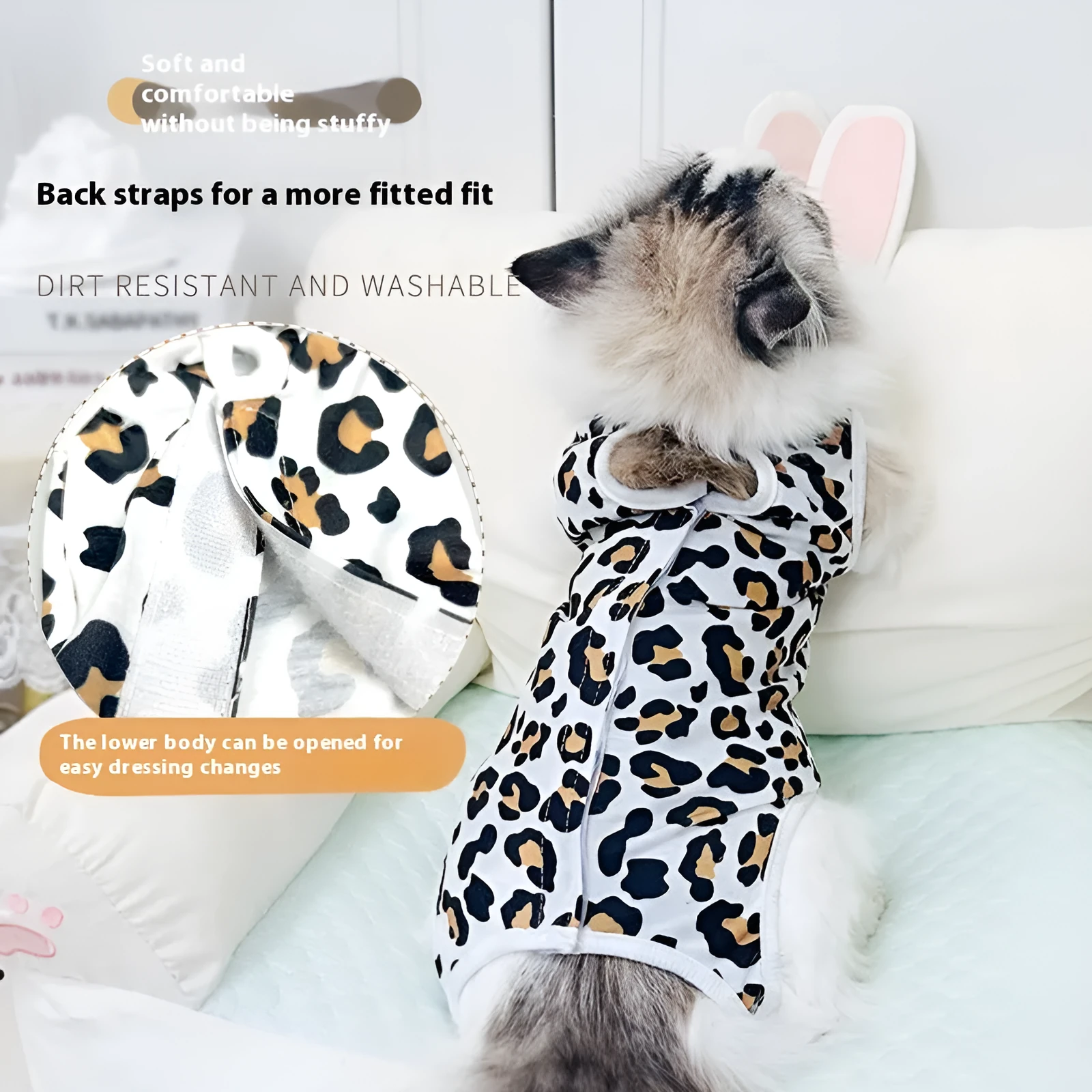 Breathable cotton cat sterilization suit for female recovery, leopard print pattern, side view on cat