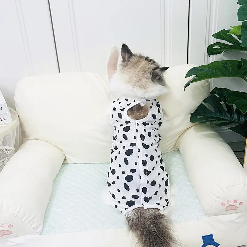 Breathable cotton cat sterilization suit for female recovery, leopard print pattern, side view on cat