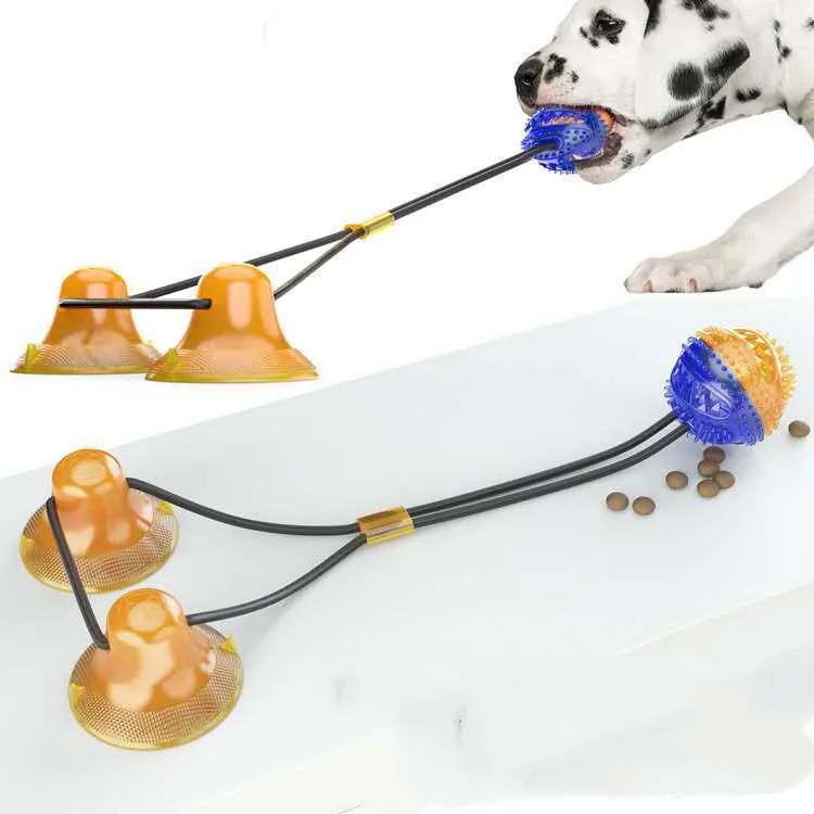 TPR suction cup dog toy with ball and serrated goal for teeth cleaning