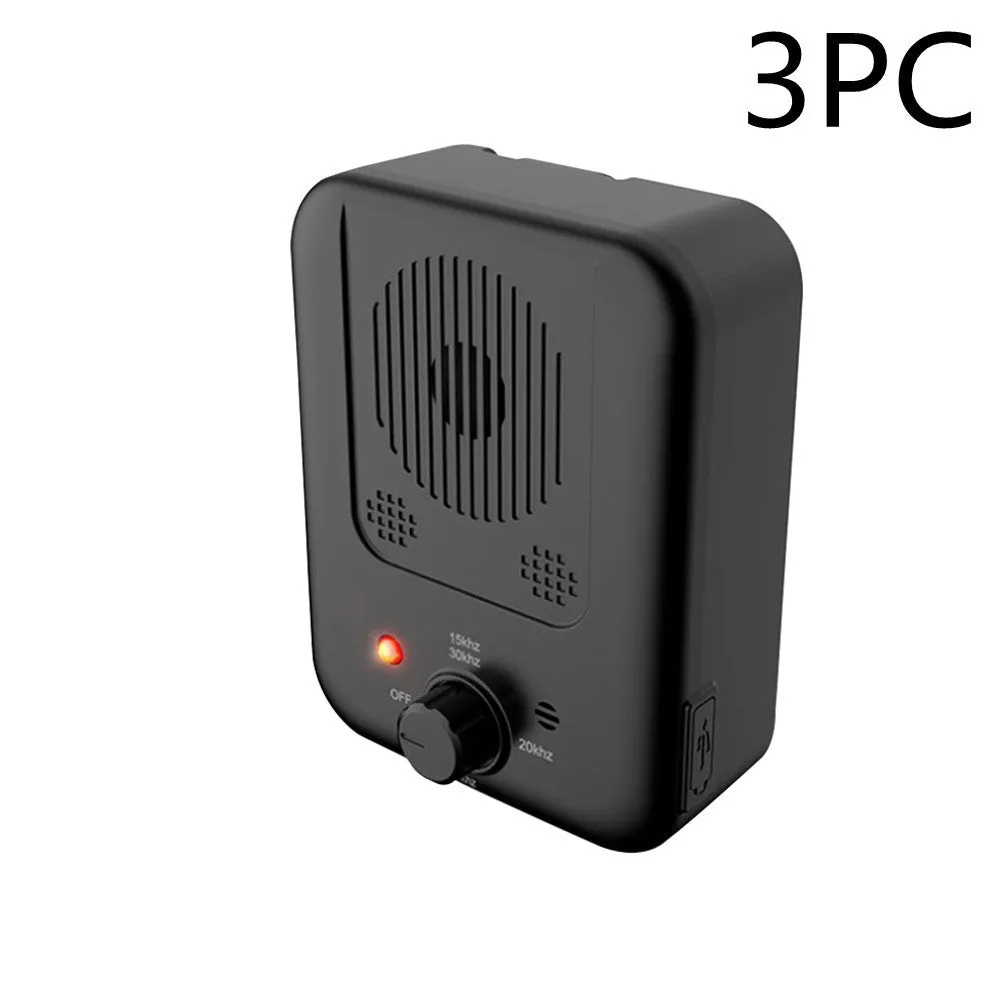 Ultrasonic anti barking device mounted on wooden fence with dog in background, 50-foot detection range