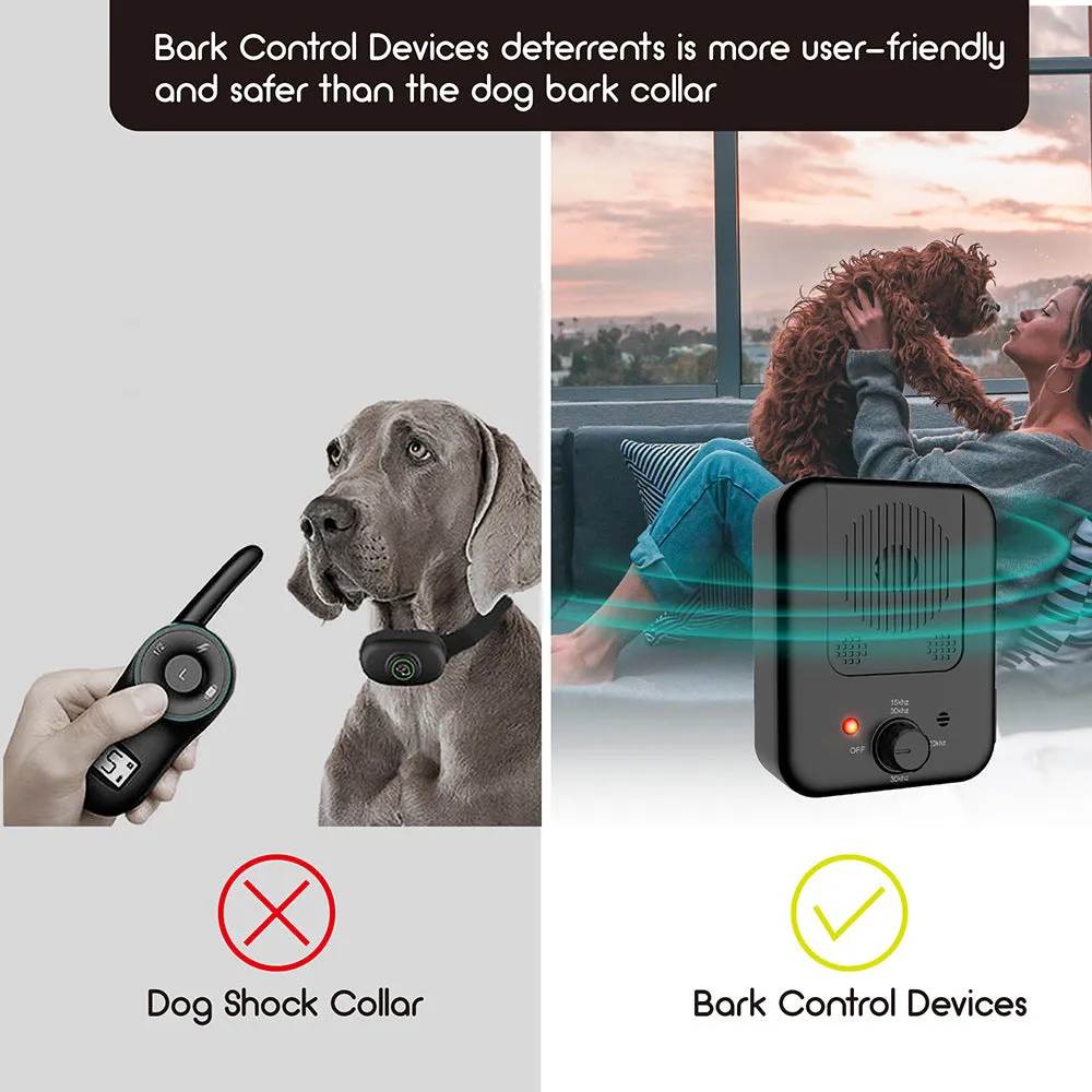 Ultrasonic anti barking device mounted on wooden fence with dog in background, 50-foot detection range