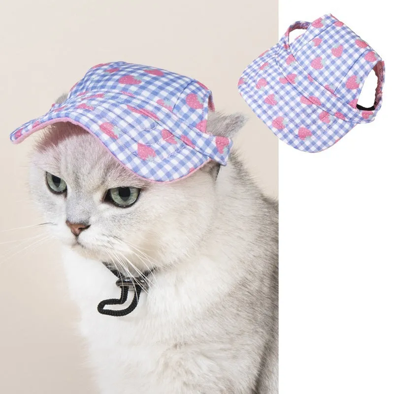 Pet baseball cap made of canvas with adjustable sizing, shown in a plaid pattern for sun protection