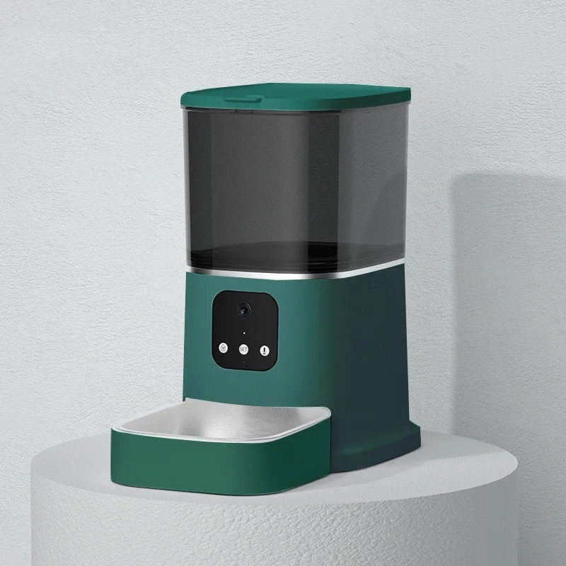 Dark green 6L WiFi automatic pet feeder with stainless steel bowl and digital control panel
