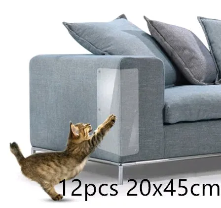 Two transparent PVC self-adhesive cat claw protector pads on a leather sofa arm, each 47x15cm